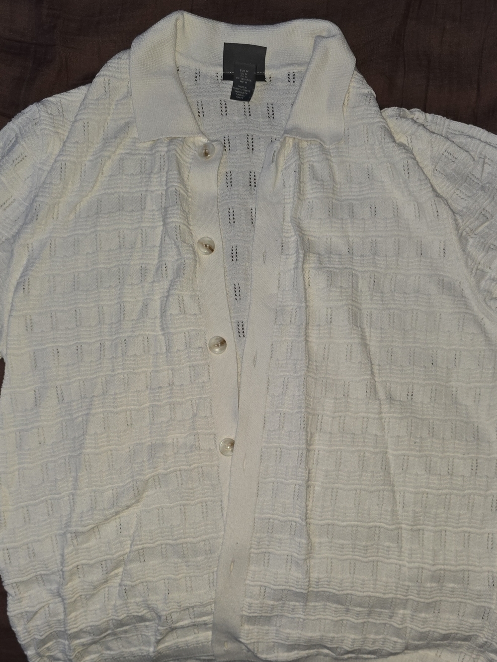 H&M White Textured Knit Button-Front Short Sleeve Shirt